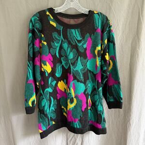 Vintage 80s Oversized Knit Sweater Black Bold Floral Pullover No Tags M/L